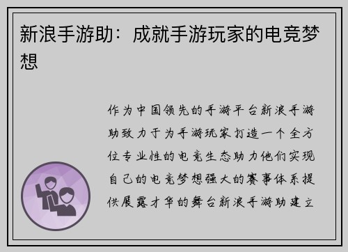 新浪手游助：成就手游玩家的电竞梦想
