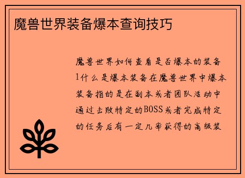 魔兽世界装备爆本查询技巧